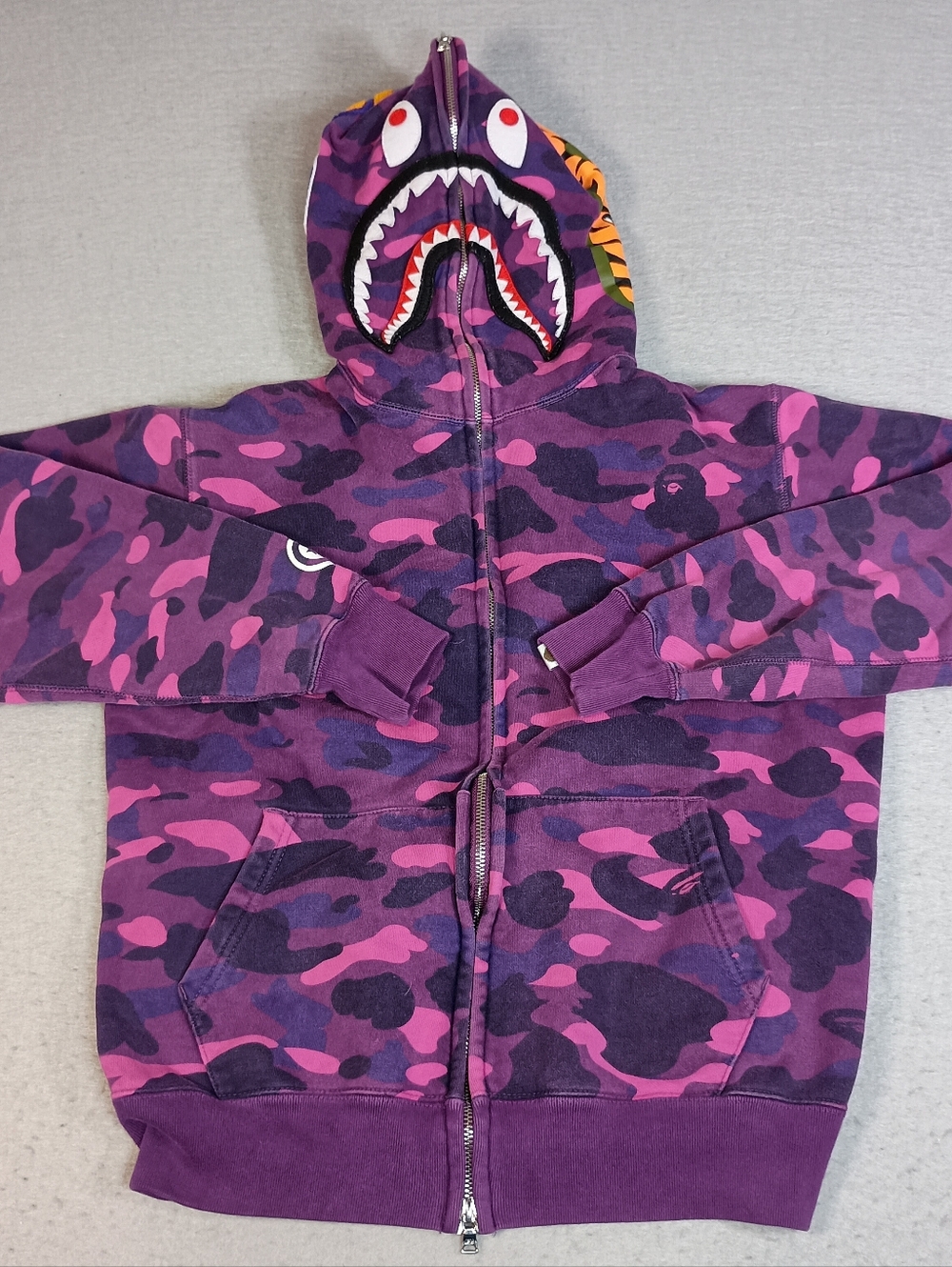 A Bathing Ape Purple Camouflage Full Zip Hooded Shark Hoodie Mens M Embroidered